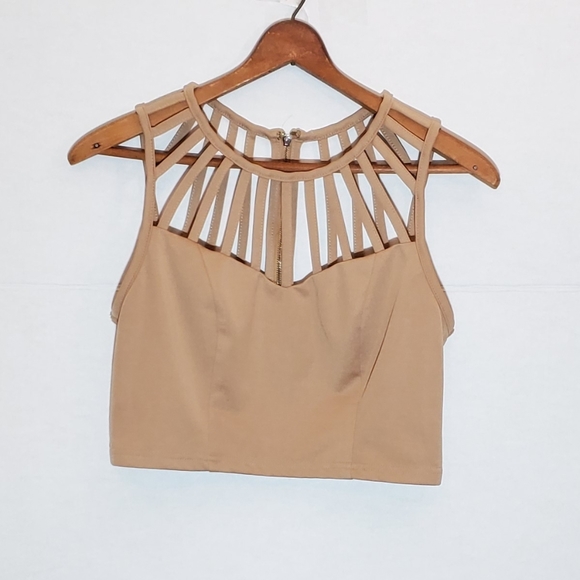 ❗️ Strappy Tan Cage Back Zip Crop Top Large - Picture 3 of 6